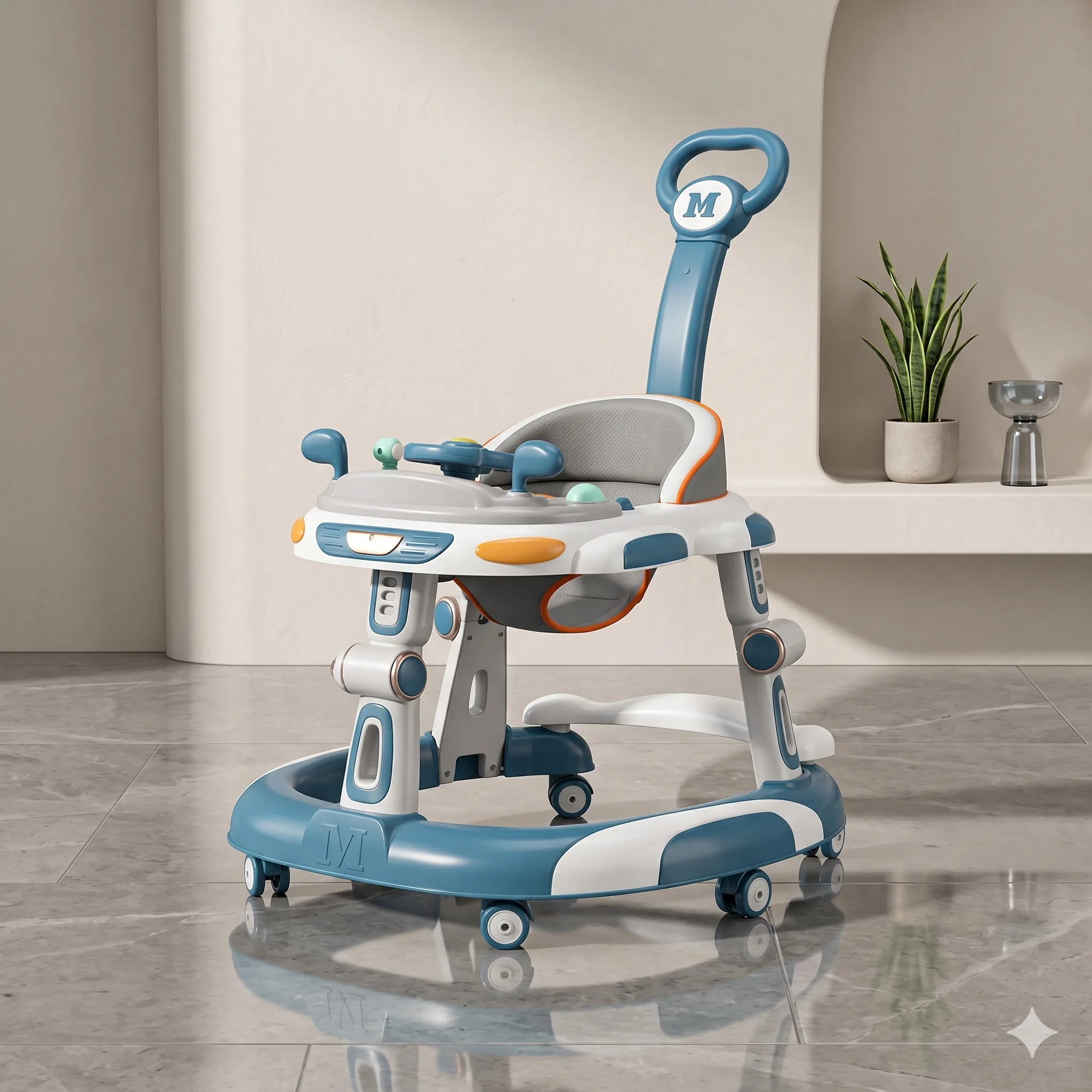 2in1 Baby Walker with Parent Push Handle Spaceship Design Steel Blue