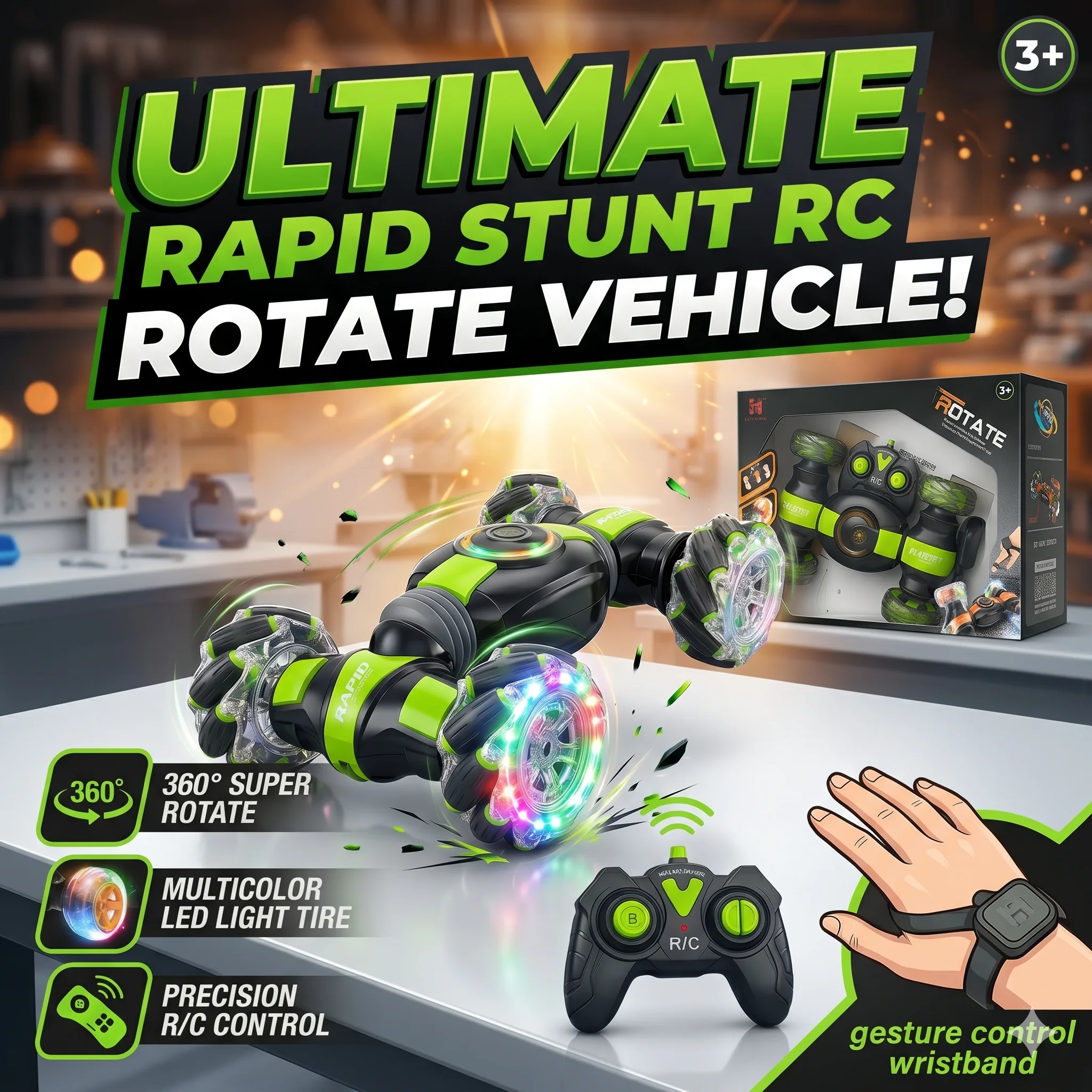 360 Rotation Remote Control And Hand Gesture Stunt Car with Lights And Music - Image 2
