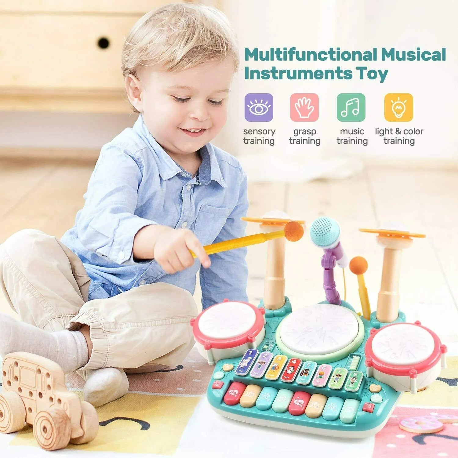 5 In 1 Drum Set With Microphone Piano - Image 3