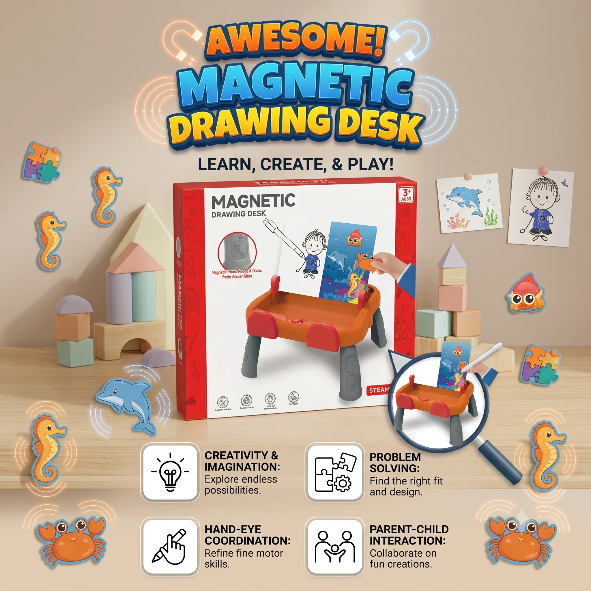 Magnetic Learning Activity Drawing Table for Kids - Image 2