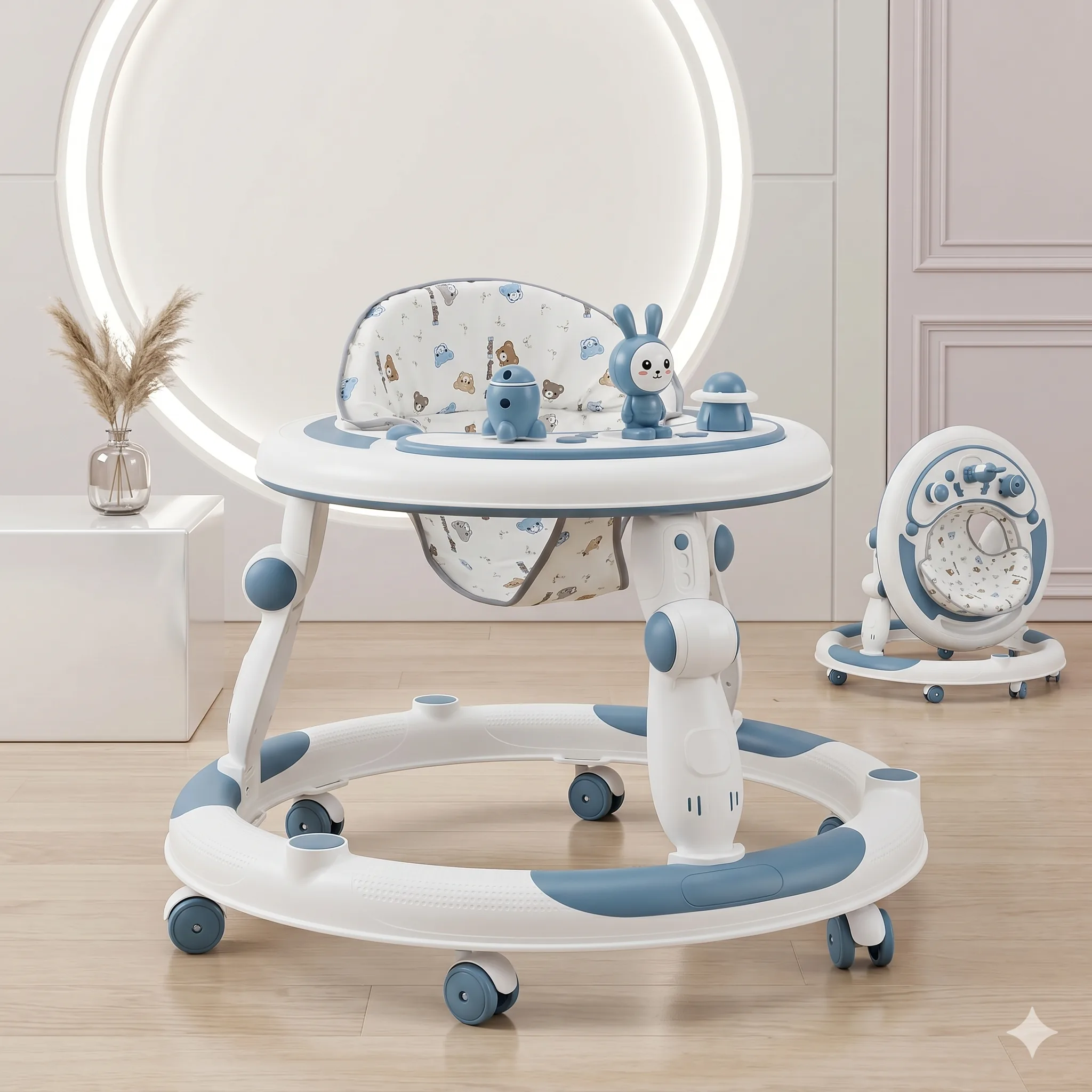Premium Robot Bunny Baby Walker with 3 Character Toys Blue Foldable