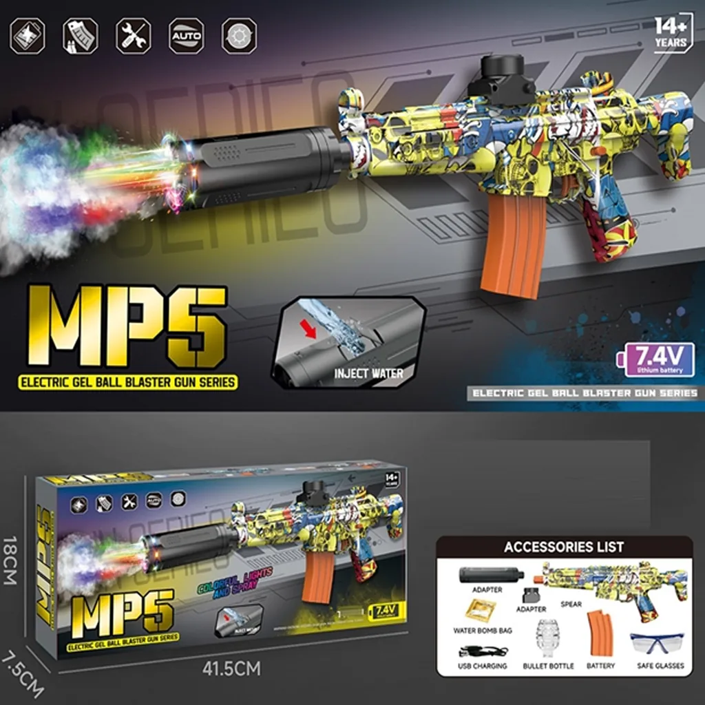 Rechargeable MP5 Water Bullet Shooting Gun With Smoke Silencer