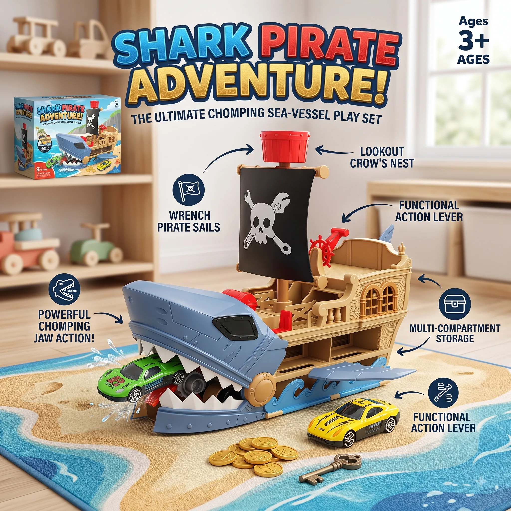 Shark Pirate Ship Car Launcher Playset with 2 Mini Cars