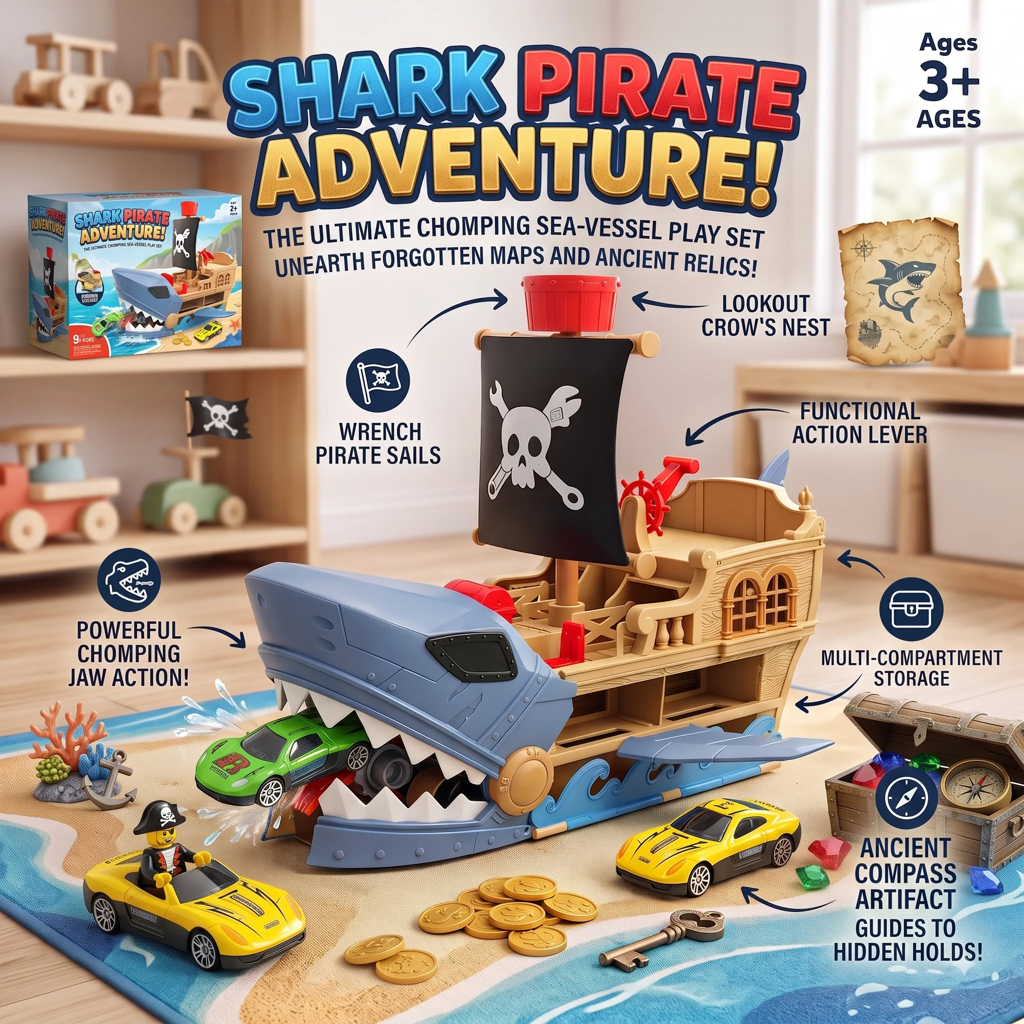 Shark Pirate Ship Car Launcher Playset with 2 Mini Cars - Image 2