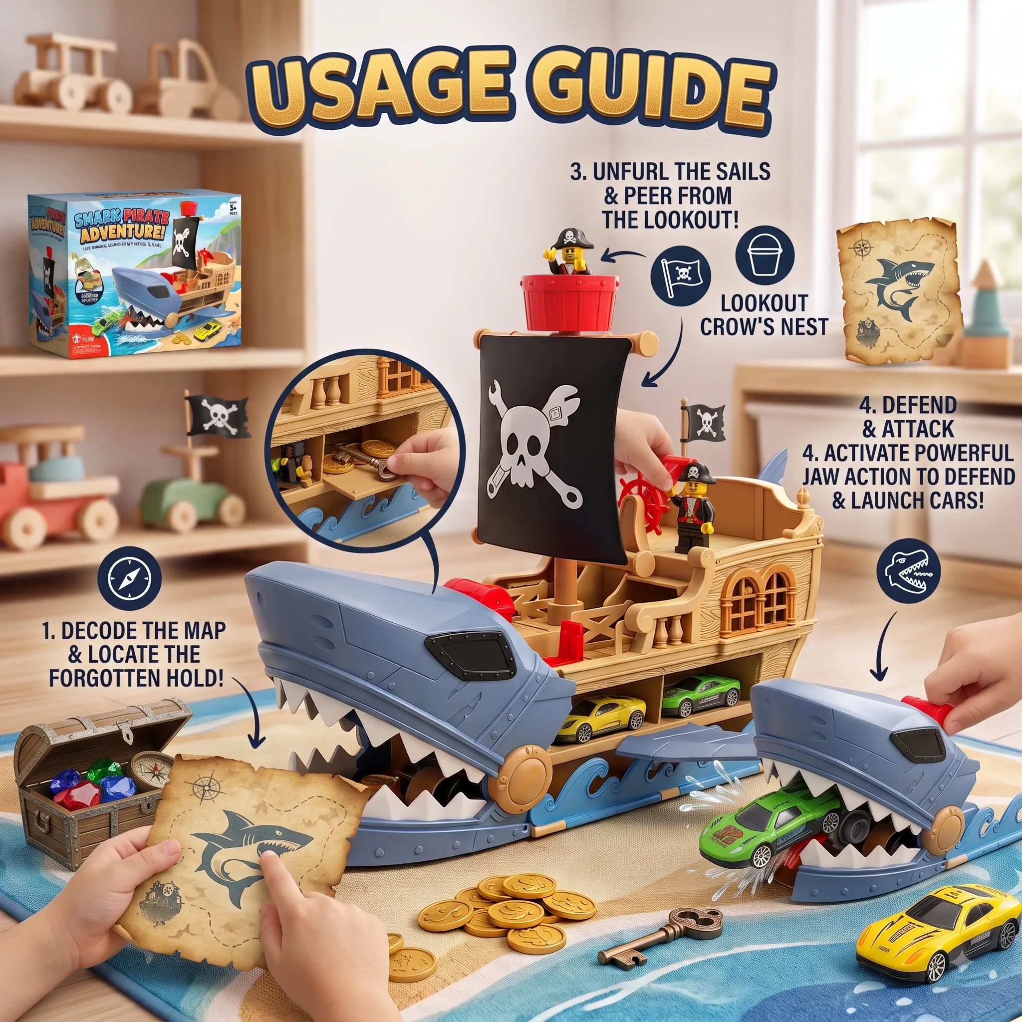 Shark Pirate Ship Car Launcher Playset with 2 Mini Cars - Image 3