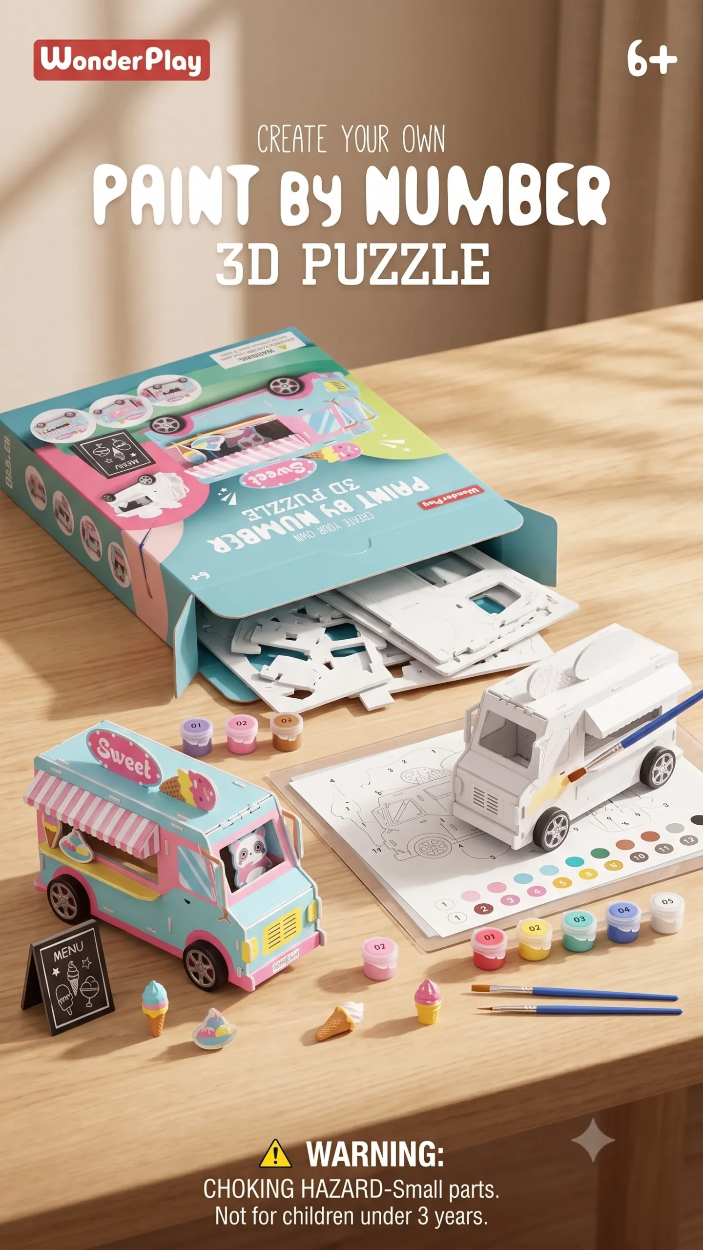 WonderPlay Create Your Own Paint by Number 3D Puzzle – Sweet Ice Cream Truck - Image 2