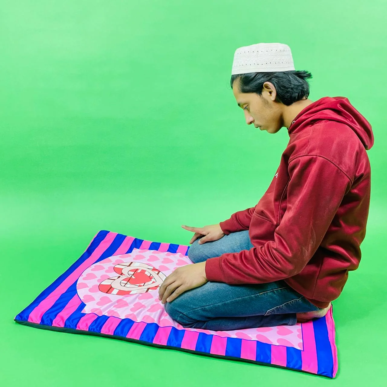 Kids Praying Mat in a charming Pink and Blue Stripe Design - Image 3